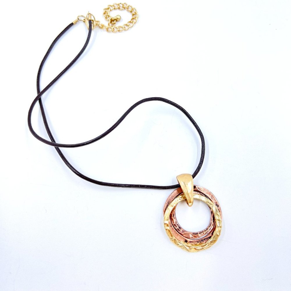 NWT - Christopher & Banks - Copper & Gold Tone Ring Pendant 16” Cord Necklace